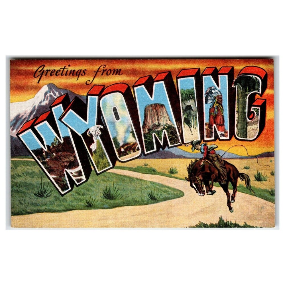 Greetings from Wyoming Large Letter Postcard Old Faithful Devils Tower Cowboy
